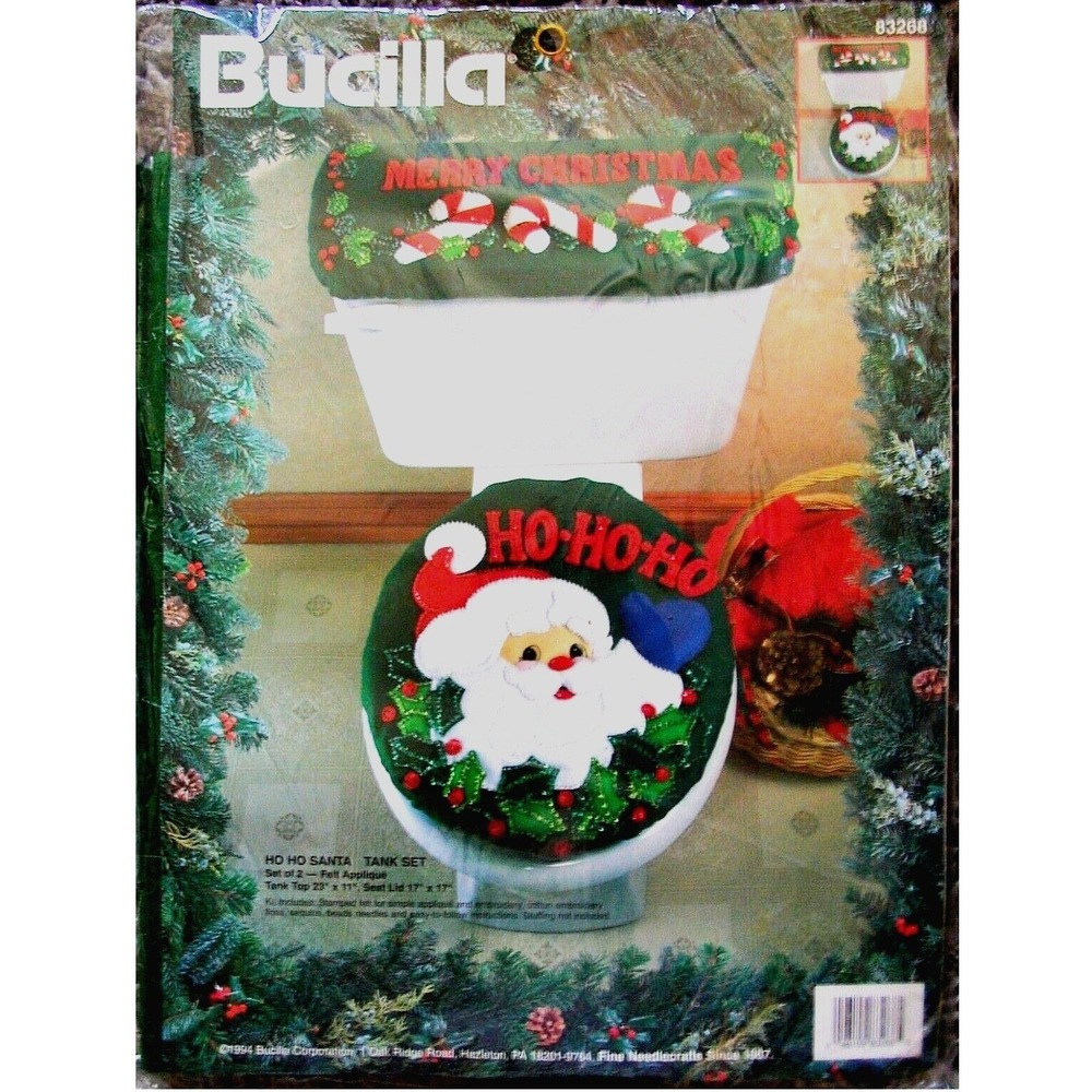 Bucilla Christmas Kitsch Santa Bejeweled Felt Toilet Tank Lid Seat Cover Kit NOS